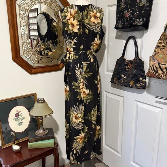 VTG 90s Maggy L Black, Yellow & Green 100% Silk Tropical Floral Wrap Midi Dress - Picture 6 of 8